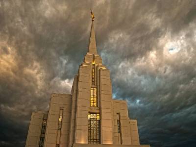 The Rexburg Temple with a stormy sky