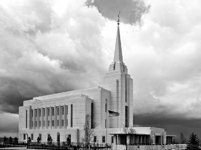 Black and white photo of the Rexburg Temple